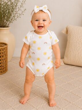 Primary Baby Sunshine Rainbow Bodysuit White Short Sleeve | NWOT Size 3-6M